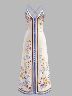 COMMENSE Blue White Floral Print Open Back Midi Dress NWT